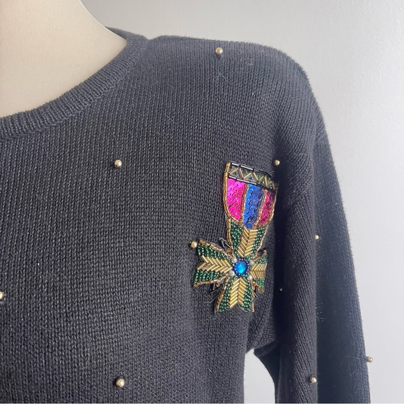 Vintage 1990s Celina Yang Black Sweater w Sequin Epaulets SP Petite Small Pearls - Picture 8 of 11